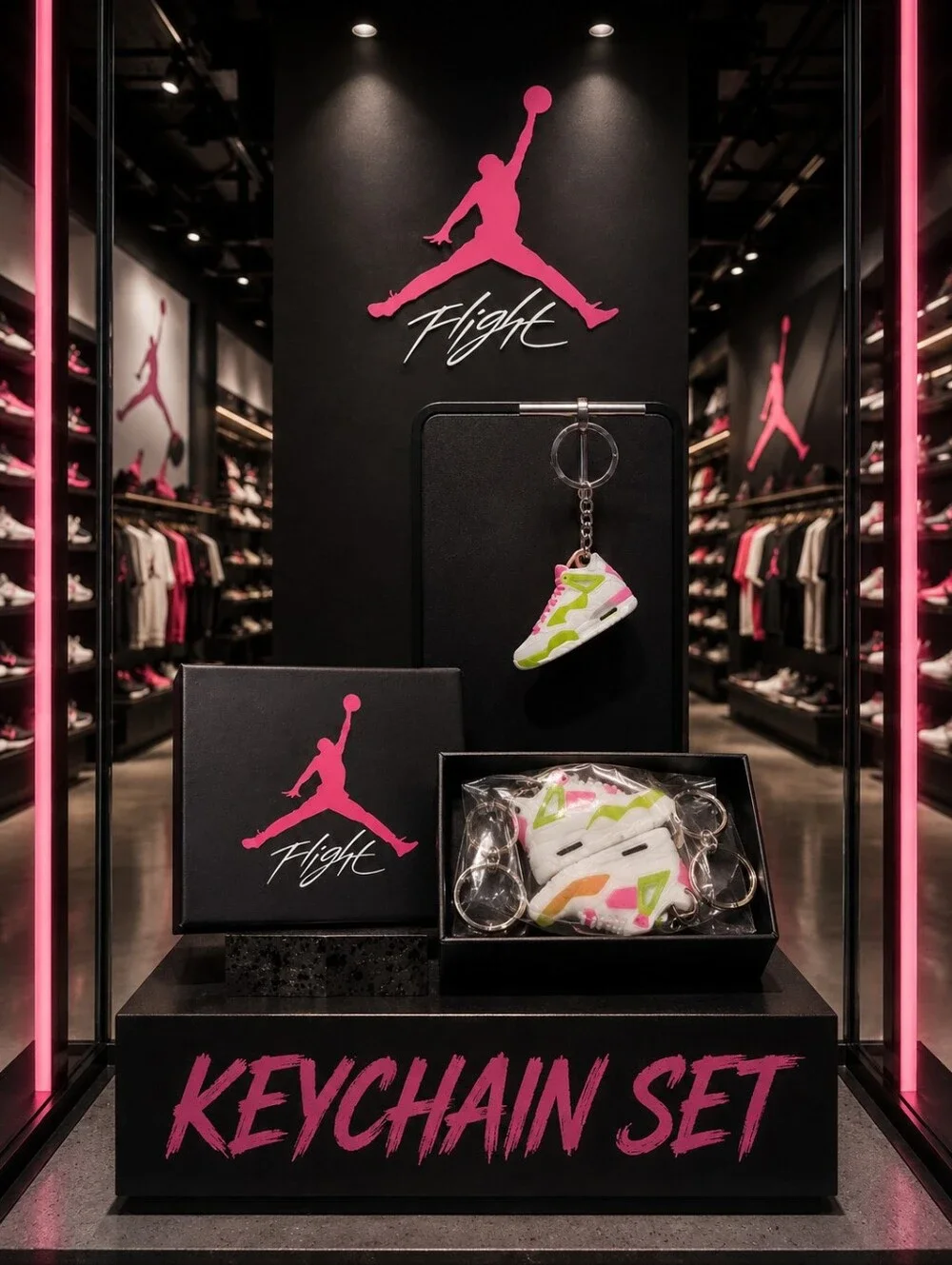 Jordan Flight Pink and Green Sneaker Keychain/Box Set